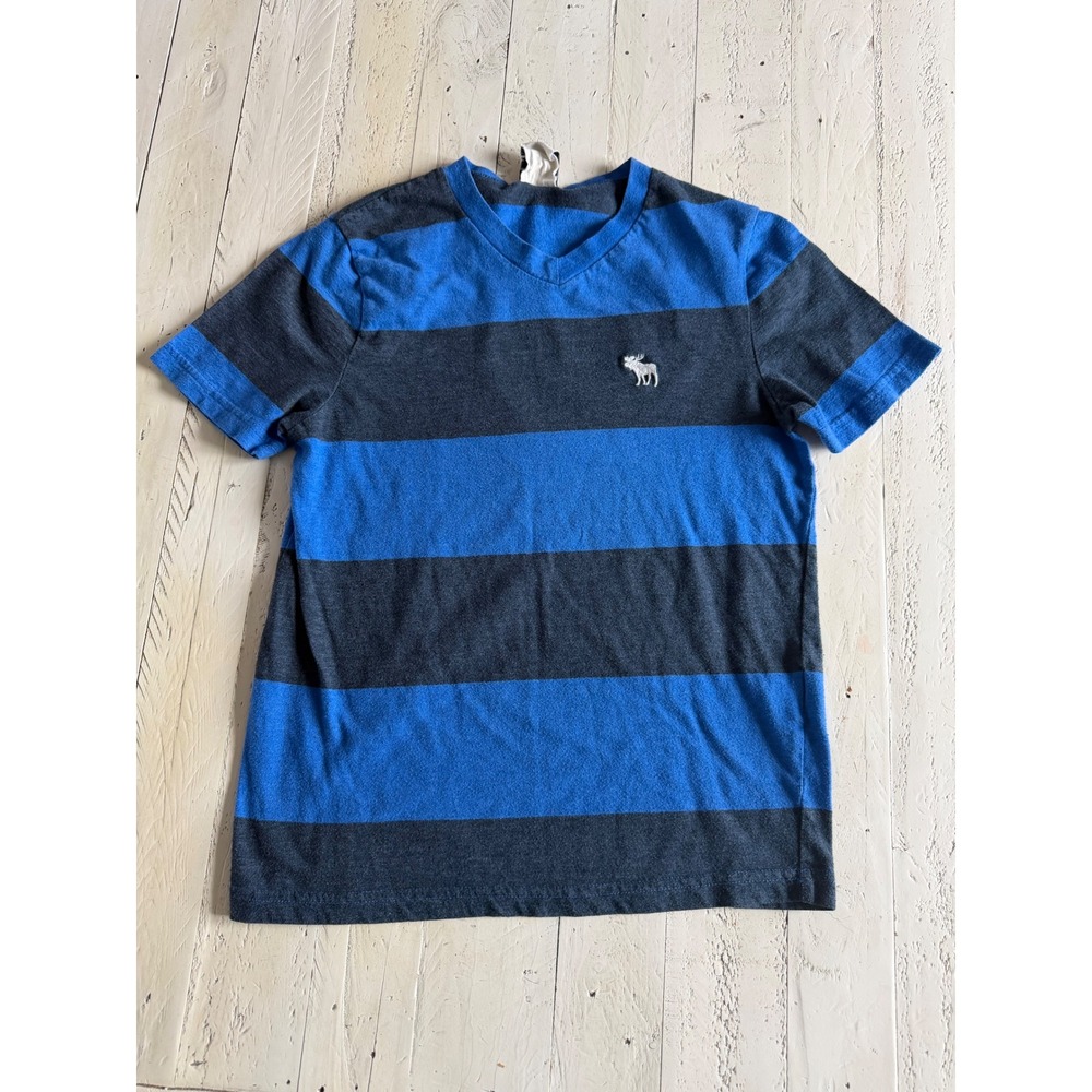 Abercrombie Kids Blue Grey Striped V-Neck T-Shirt Short Sleeve Size M Logo